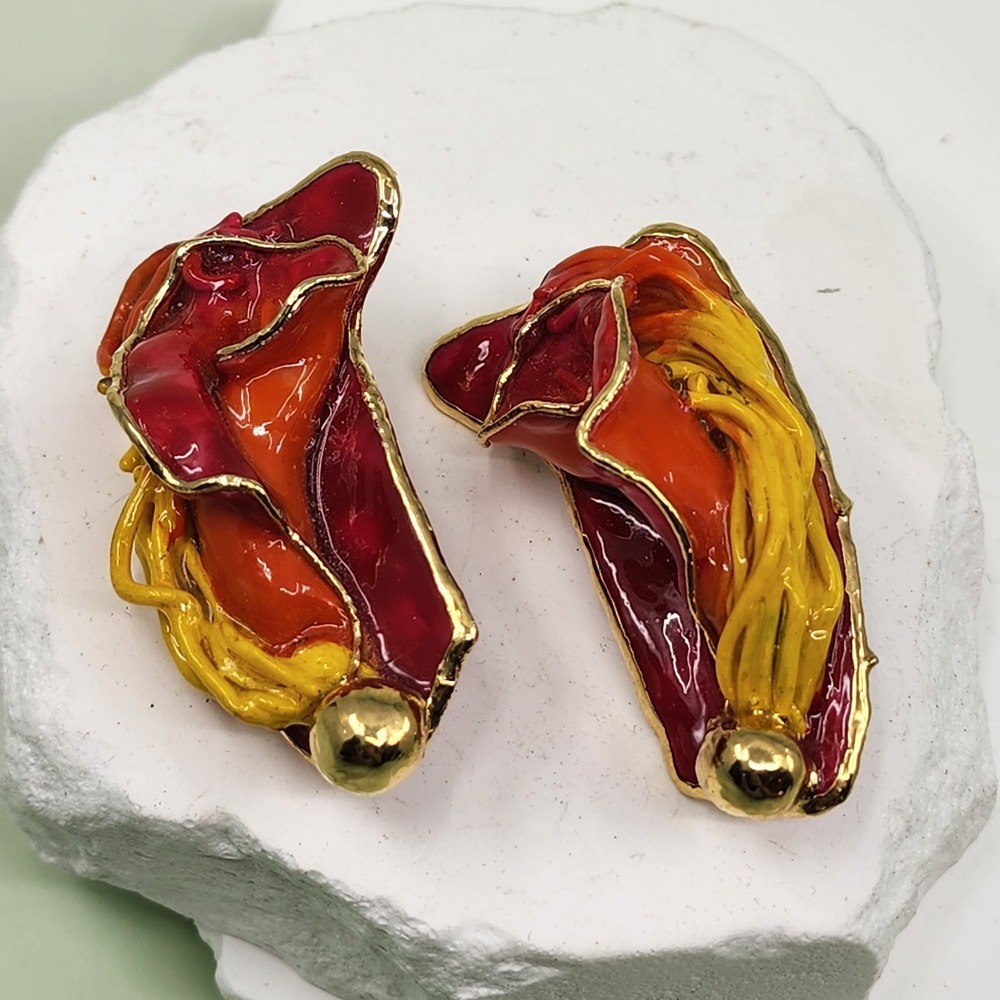 Lacombe 1980 Vintage Enamel Clip On Earrings Red Orange Yellow Wearable Art